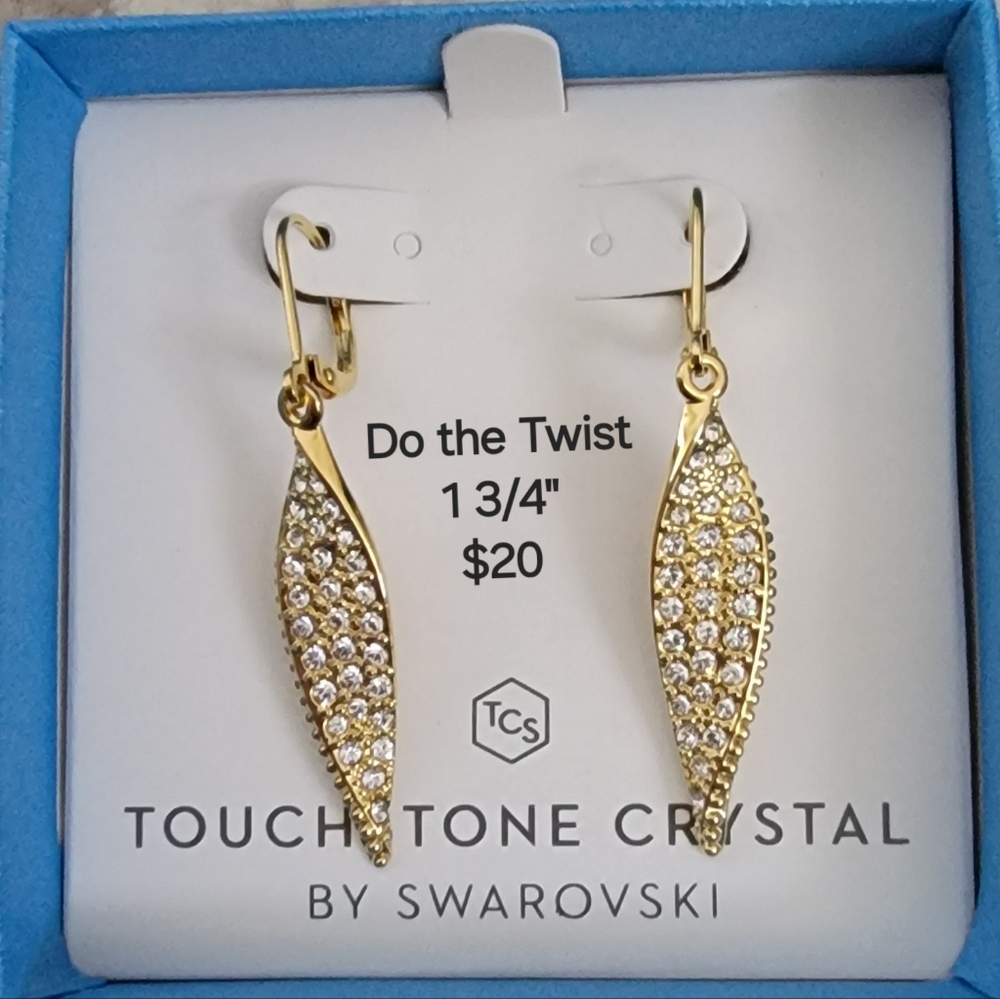 Touchstone Crystal Gold-tone Pave Crystal Twisted Leaf Drop Earrings